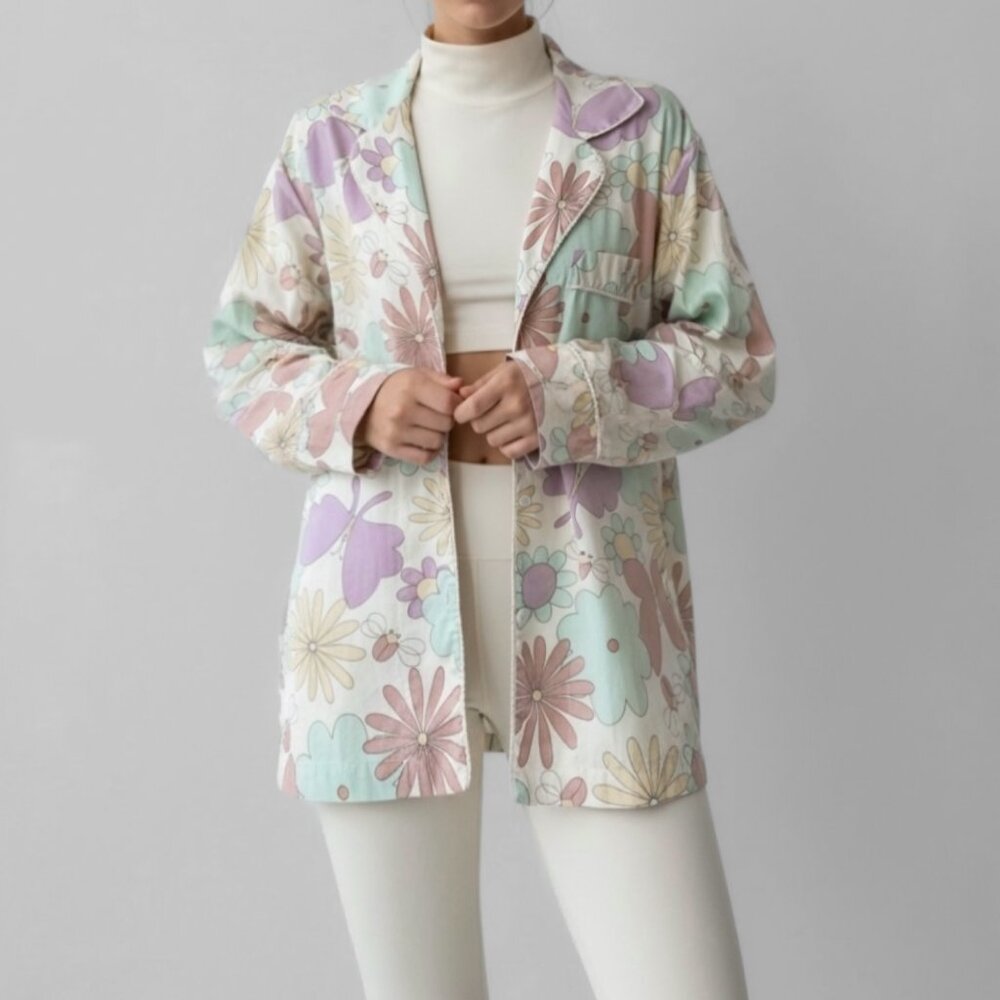 Shabby Chic Floral Pastel Jacket Oversized S Cottage 100% Cotton Hippie 70s Boho